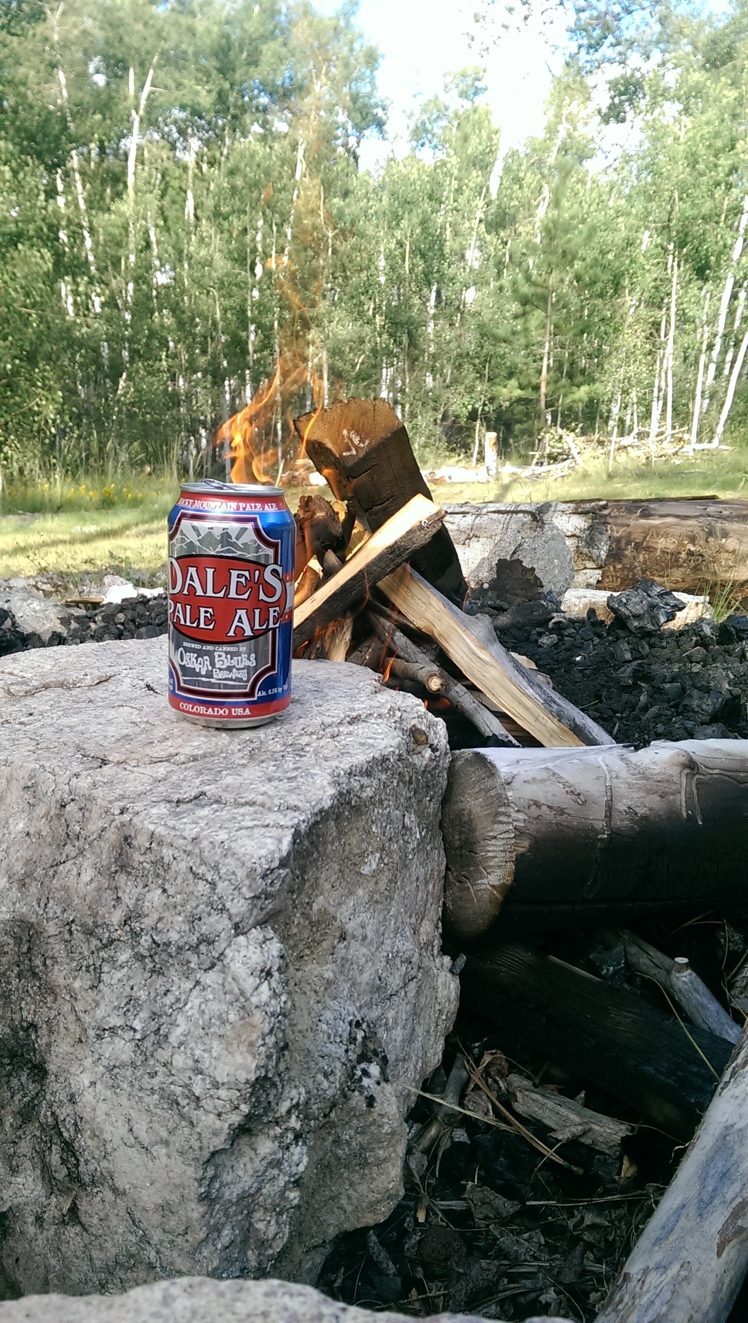 can of Dale’s Pale Ale by a campfire