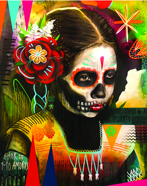 Image of a painting by artist Armando Silva. The painting is of a young girl whose face is painted like a skeleton for Dia de los Muertos. She has a large red flower on the right side of her head, and she wears colorful clothing with traditional imagery on it. The background is adorned with very bright and colorful flowers and shapes.