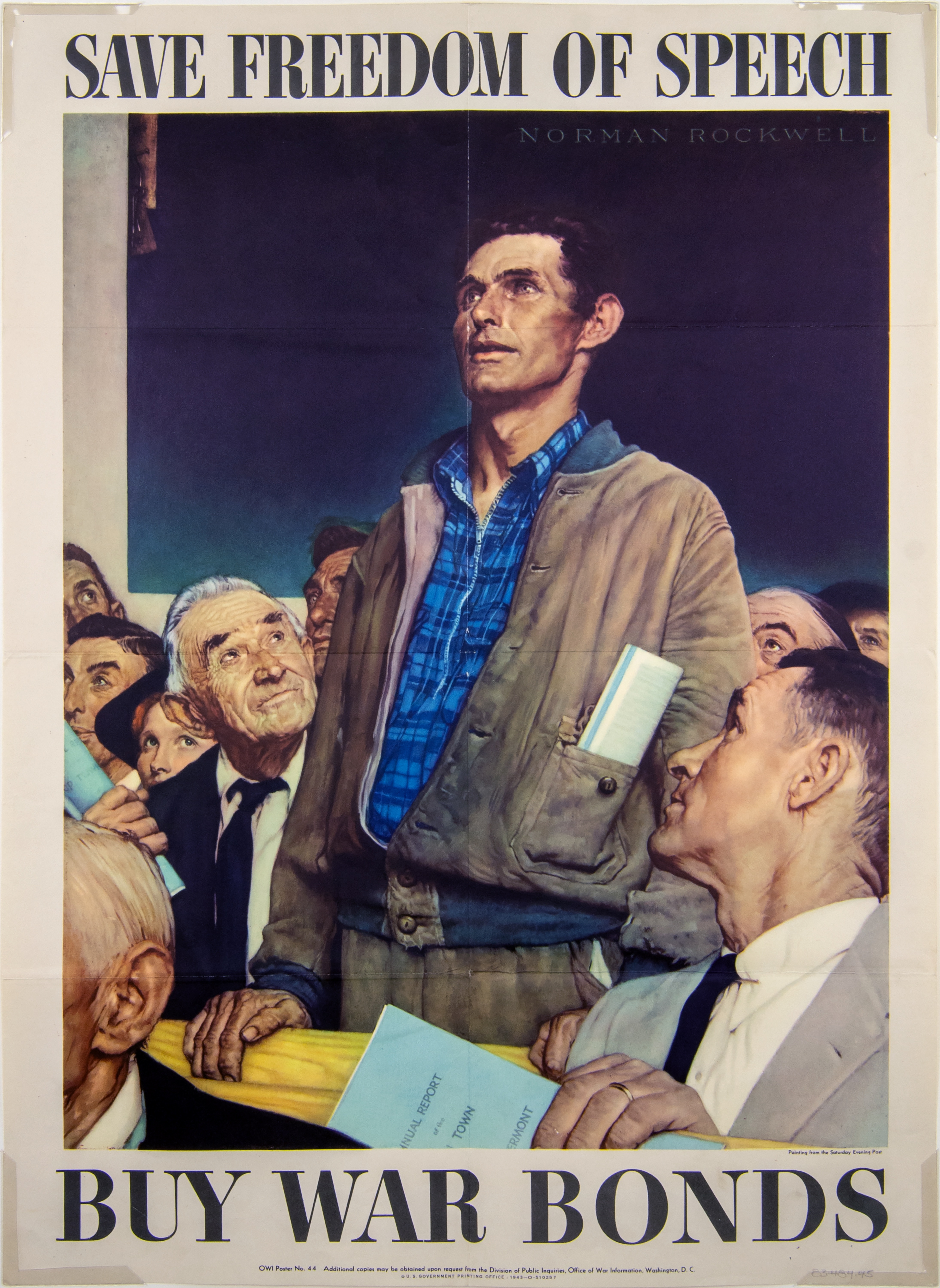 Poster titled "Save Freedom of Speech—Buy War Bonds." A man stands up amongst a crowd and looking towards him.