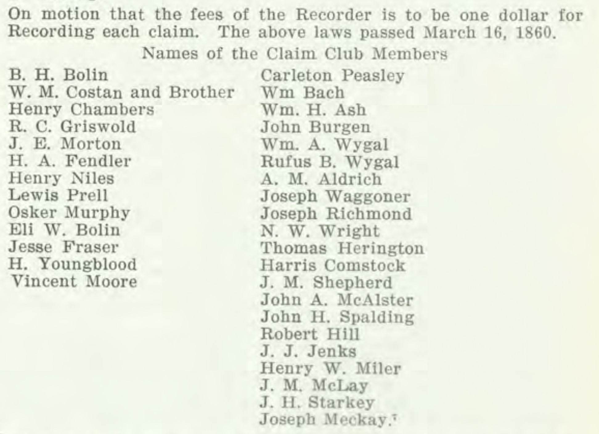 Documentation of the founding members of the Cañon City–Arkansas Valley Claim Club. The list of names includes B. H. Bolin, W.M. Costan and Brother, Henry Chambers, R.C. Griswold, J.E. Morton, H.A. Fendler, Henry Niles, Lewis Prell, Osker Murphy, Eli W. Bolin, Jesse Fraser, H. Youngblood, Vincent Moore, Charleton PEasely, William Bach, William H. Ash, John Burgen, William A. Wygal, Rufus B. Wygal, A.M. Aldrich, Joseph Waggoner, Joseph Richmond, N.W. Wright, Thomas Herington, Harris Comstock, and others.