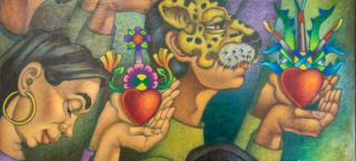 A colorful painting of multiple people holding decorative heart figures in their hands.