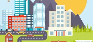 Graphic with mountains, sun, and urban landscapes