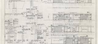 Image of architectural drawings. These are for a residential home in the midcentury modern style. The drawings include details of several architectural elements around the home.