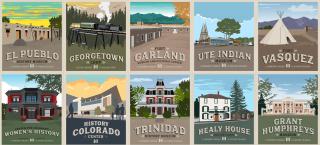 A collage of artwork depicting the facades of several History Colorado museums, including El Pueblo History Museum, Fort Garland, the Ute Indian Museum, and more.