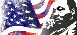 Illustration of a middle-aged African American man, wearing a suit and resting his chin in his right hand. He is looking into the distance thoughtfully. In the background is an image of an American flag, waving. 