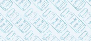 Patterned drawing of COVID 19 vaccine vials in light blue and medium blue. 