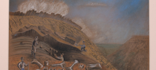 A watercolor painting of people excavating along a mountainside. Large bones fill the foreground.