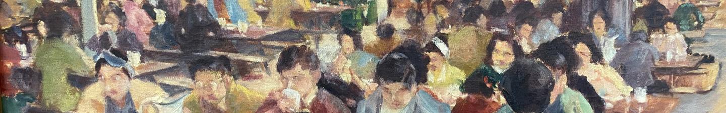 Impressionist style painting of many people gathered around long tables to eat, with a service bar in the background.