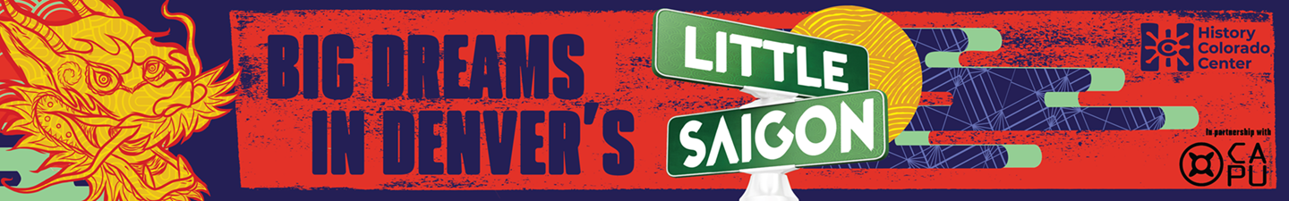 Graphic, purple and orange title reading Big Dreams in Denver's Little Saigon on a Denver Street Sign.