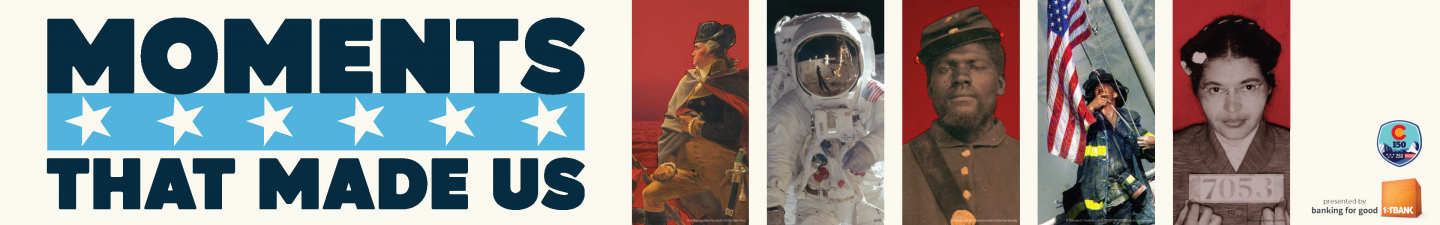 Moments that made us with iconic US history photographs organized in red and white stripes.