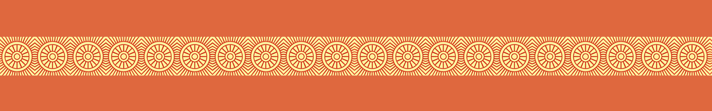 Red and yellow abstract pattern of a sun and rays repeating horizontally.