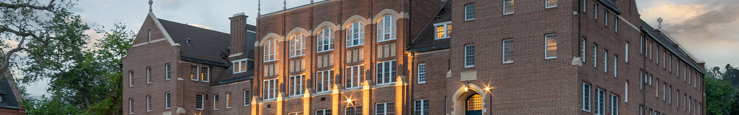 Exterior of Pancratia Hall at sunset.