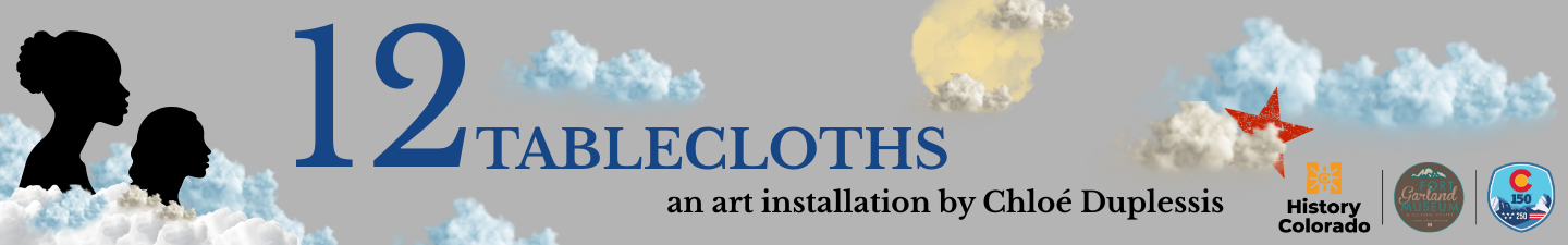 12 Tablecloths Fort Garland.  A silhouette of an adult and young women looking off to the right of the screen. Around them float clouds, stars, and a painterly sun.