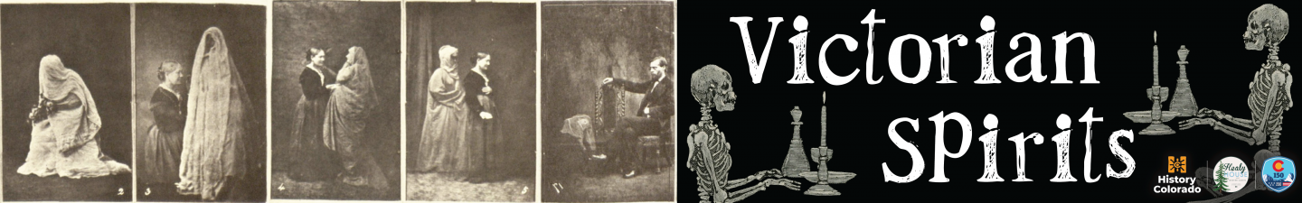 Collection of black and white photos showing ghostly robed figures in full figure portraits with various figures reacting in fear.