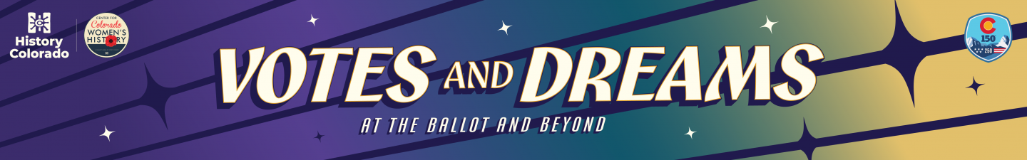 Votes and Dreams. At the Ballot and Beyond overlaid on a gradient purple to yellow background with navy rays and sparkle graphics.