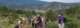 A group of hikers on the History Hike, enjoying the afternoon among shrubbery and with mountains in the distance.