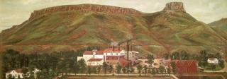 A watercolor depicting the Coors brewery as it looked in 1884