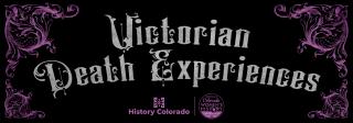 Victorian Death Experiences in victorian font in white text on a black background with purple filigree. The subtitle reads: myth and lore around Victorian spirituality and death.