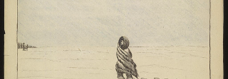 A drawing by Daniel Jenks depicting a man in a heavy winter coat trecking through the snow. The caption reads "Sunday April 3rd 1859."