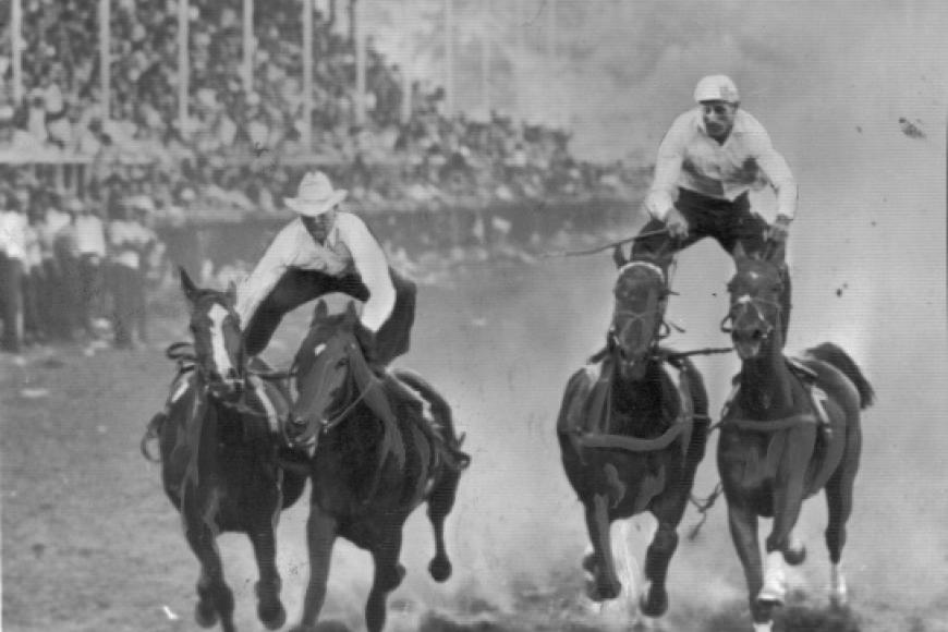 photo of men standing on horses in race
