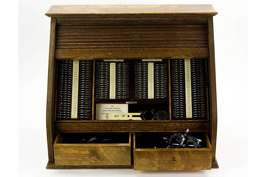 Dr. Richard T. Speck’s optometry kit and cabinet and assorted tools, 1909-1950