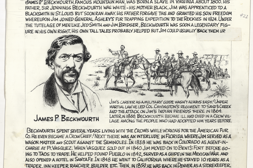 A pen and ink drawing of James Beckwourth, a Black fur trapper.