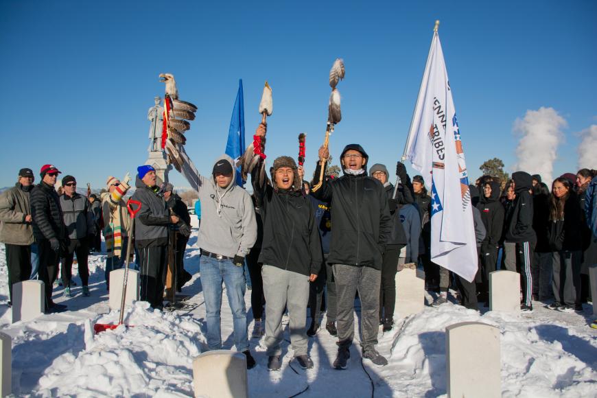 A group of youths prepared to run in the Sand Creek Spiritual Run.