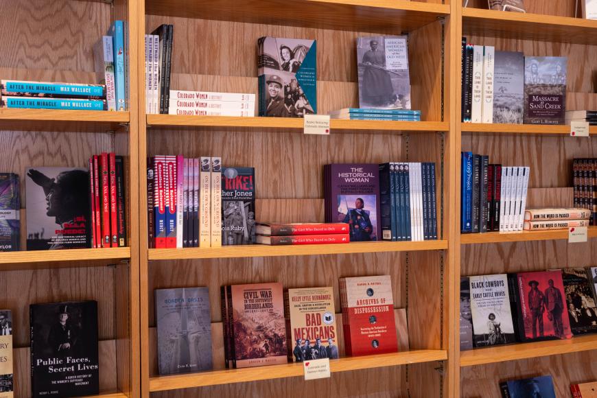 Lined bookshelves at the gift shop of Center for Colorado Women's History