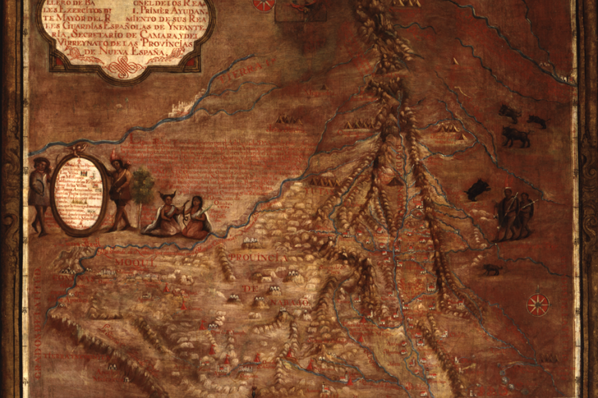 Stylized dark brown map with illustrations of Indigenous people, Spanish settlers, mountains, and various wildlife in New Mexico.