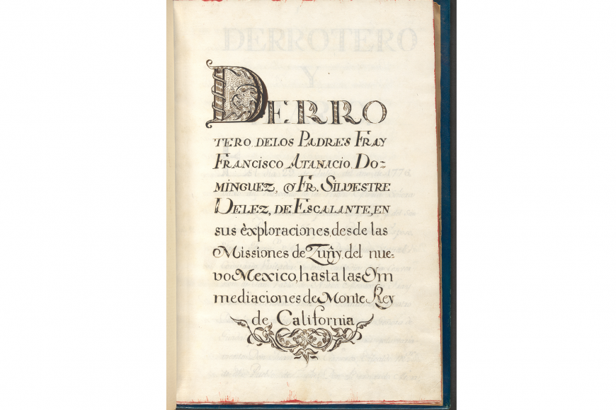 Ornate illuminated manuscript-style journal page filled with Spanish words with a filigree adorned "D" and underneath "California."
