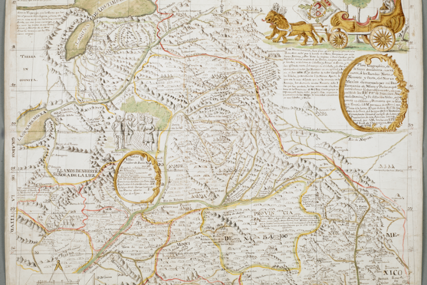 Illustrated map of New Mexico with a golden chariot illustration and golden loops decorating the content.