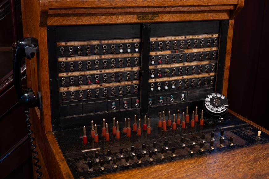 Front side of an antique switch board.