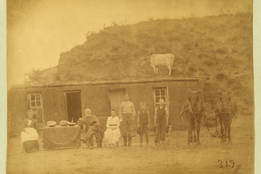 A family of 6 stand next to 2 horses in front of a sod house On its roof is a white calf.