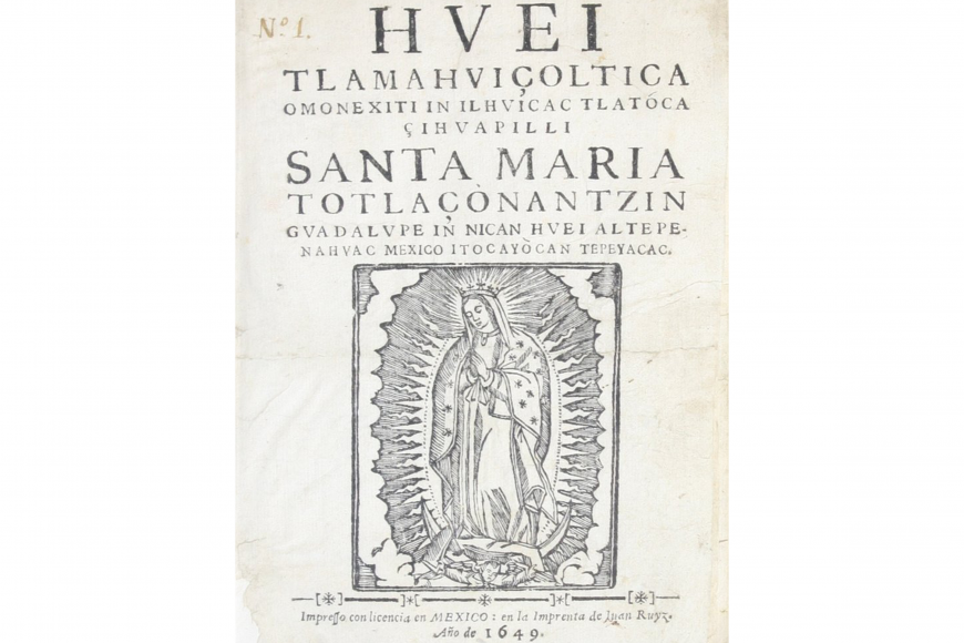 Huei Tlamahuiçoltica page with image of Our Lady of Guadalupe printed on it.