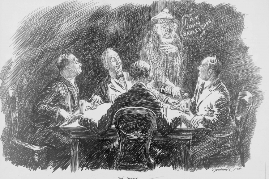 An ink illustration of a ghost appearing before four seated men.