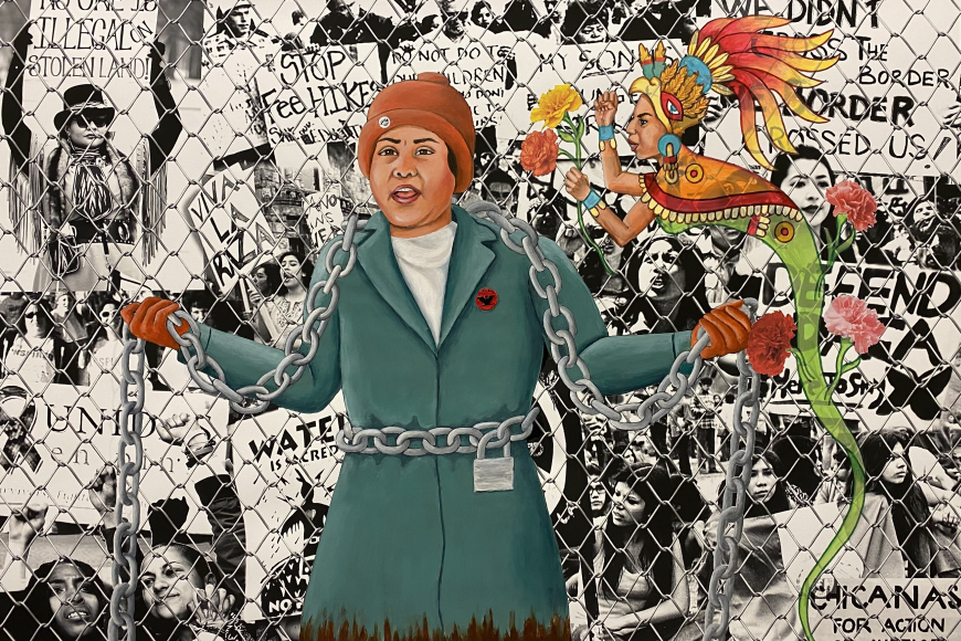 Painting of a female land rights protester chained to a fence. Next to her floats an indigenous latino spirit holding a yellow and orange flower. In black and white, behind the fence, are collaged black and white images of protesters and their protest signs.