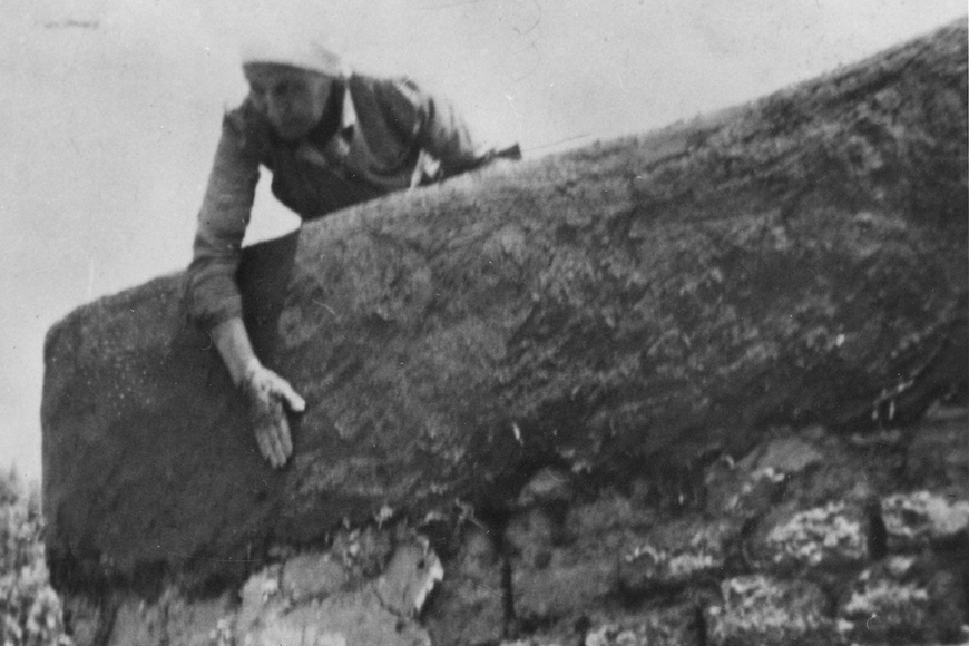 A woman leans over a tall edge of an adobe wall and applies a layer of mud.