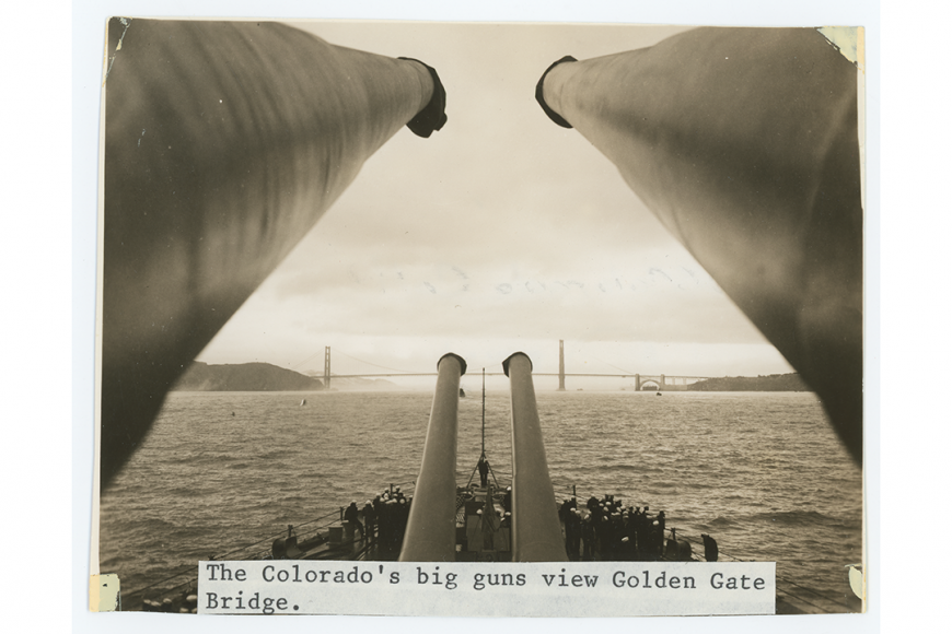 Point of view from gunner position of USS Colorado. Golden Gate Bridge is in distance.