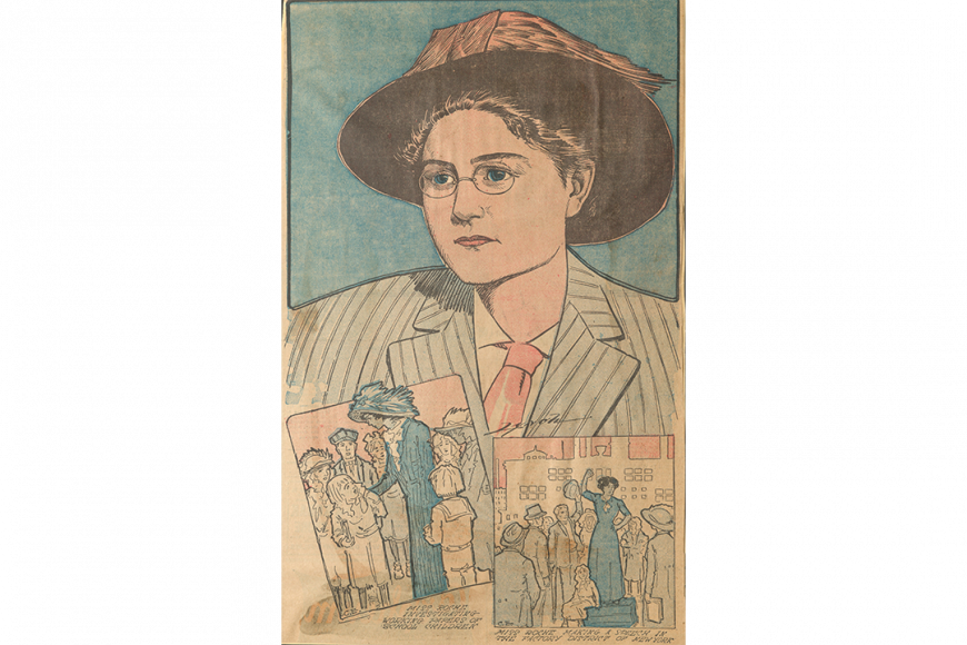 A colored newspaper clipping showing three illustrations of Josephine Roche. Shows a portrait of Roche, a drawing of her with children, and a drawing of her making a speech in New York.
