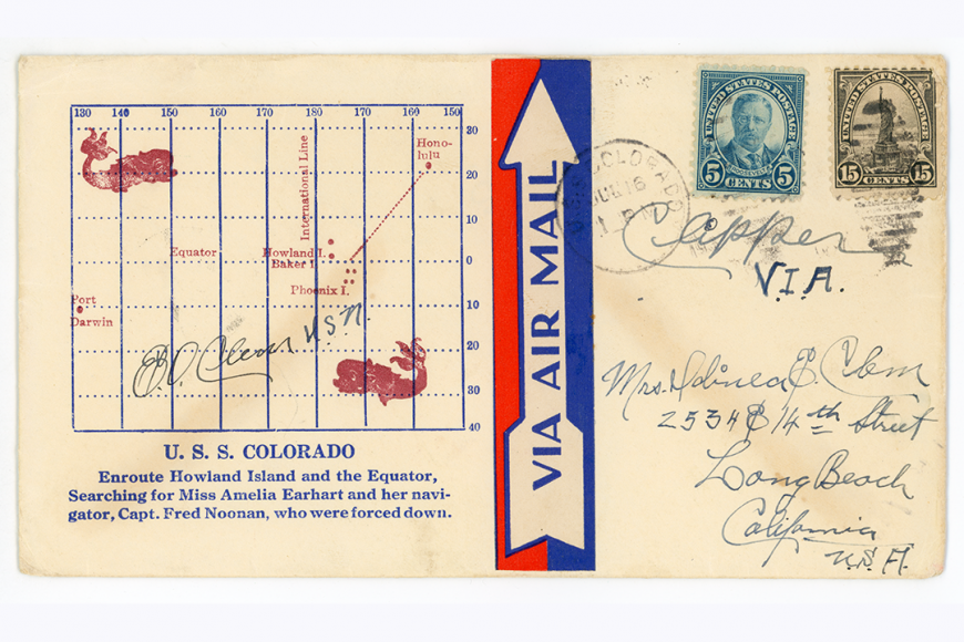 Envelope with map of Equator and Howland Island. Caption reads: Enroute Howland Island and the Equator Searching for Miss Amelia Earhart and her navigator, Capt. Fred Noonan, who were forced down.
