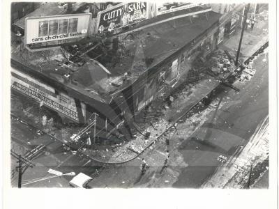 Aerial view shows a violently looted section of New Jersey's largest city after it witnessed a second night of racial disorder, late July 13th and early July 14th. Fire-bomb hurling Negroes rioted through downtown streets in a night-long rampage of burning and looting. One Negro was shot to death, a dozen other persons suffered gunshot wounds and at least 340 persons, including 27 policemen and firemen, were injured.
