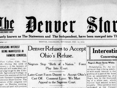 Image of the masthead of historic newspaper, The Denver Star, dated Saturday, December 18, 1913. On either side of the name of the paper is a solid colored black star, and beneath the name, the masthead says "Established 1888. The papers formerly known as The Statesman and The Independent, have been merged into The Denver Star. Twenty-sixth year, Number 117. Five Cents a Copy" along with the date of issue.