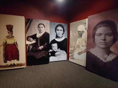 Photo of five separate images of women who were important figures in the borderlands history of Colorado. From left to right, the women are: Teresita Sandoval, Amache Prowers, Josefa Carson, Rebecca Lopez, and Dona Bernarda Mejia Velasquez.