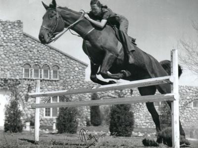 A woman on a horse leaping a low barrier. A stable is visible behind them.