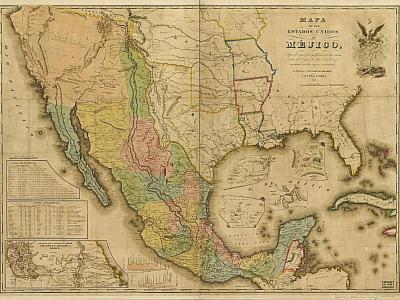 Map of Mexico showing the modern southwest United States and as far north and east as Missouri. Different colors show the states of 1840s Mexico