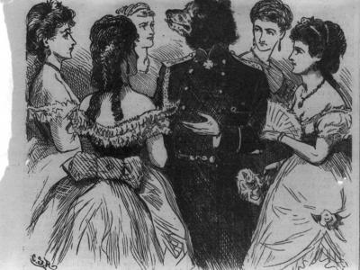 A political cartoon depicting Grand Duke Alexis as a bear in Russian military uniform, surrounded by young women. The caption reads "The Russian Bear and the American Dears"