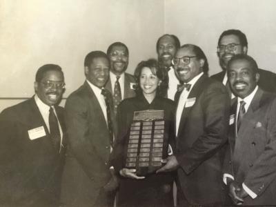 Former presidents of the Sam Cary Bar Association, from left to right, Wally Worthan, Hubert Farbes, Earle Jones, Linda Wade Hurd, William Harold Flowers, Jr., Honorable Ray Dean Jones, Honorable Gary M. Jackson  and Honorable Wiley Y. Daniel.