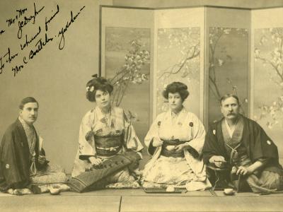 .J. and Margaret Brown alongside Harry Silverberg and Mrs. Susette in kimonos