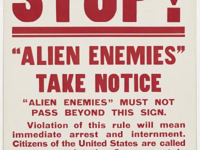 A poster titled "Stop! Alien Enemies Take Notice"