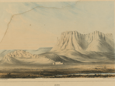A lithograph of the Zuni Pueblo